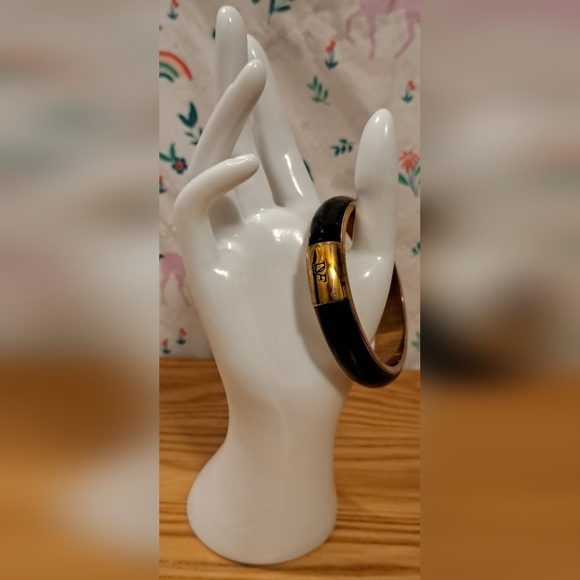 Vintage Diane Von Furstenberg DVF Black Lucite & Brass Bangle Bracelet Jewelry - Picture 1 of 4